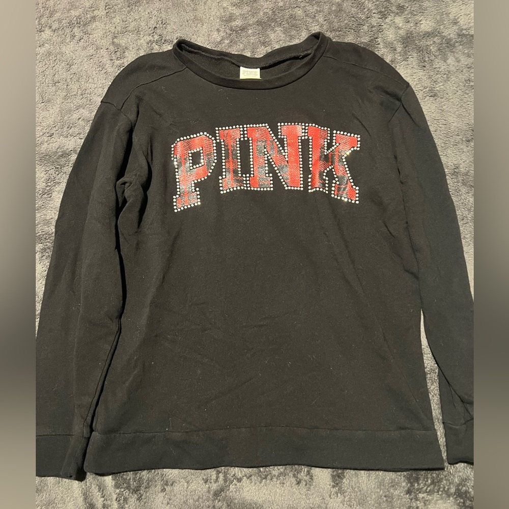 PINK by Victoria Secret long sleeve black shirt red plaid design & rhinestones